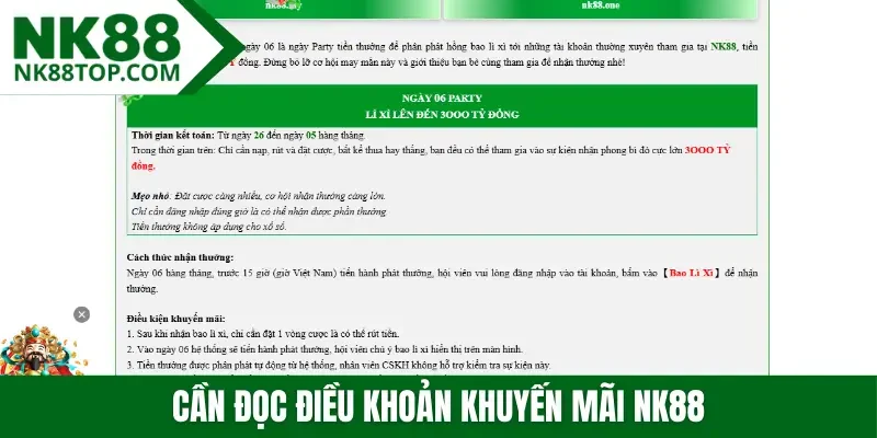 Cần đọc điều khoản khuyến mãi NK88